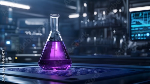 A purple liquid in a glass flask, sitting on a surface in a laboratory