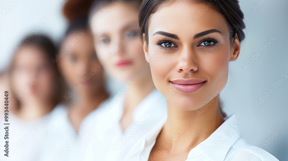 Diverse Group of Confident Women in Professional Attire, Focus on Smiling Woman, Headshots Series