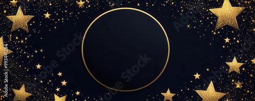 Elegant black background adorned with golden stars, perfect for invitations or festive backgrounds.