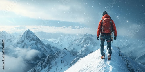 Climber in red jacket trekking through the snowy Alps under bright sunlight