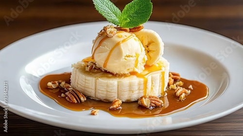 Scoop of banana ice cream served on a caramelized banana slice, with caramel sauce drizzled elegantly and a sprinkle of crushed pecans, 3D illustration photo