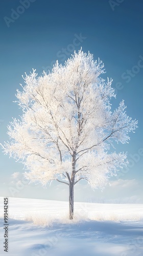 A beautiful tree, covered in snow, stands alone in the snowy field against a blue sky