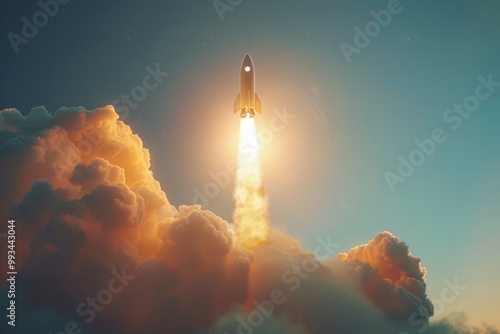 A space shuttle blasting off into the sky, clouds and smoke in the background