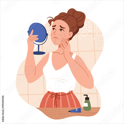 The young woman with skin problems. Acne problems, damaged skin. Healthcare illustration. Vector illustration.