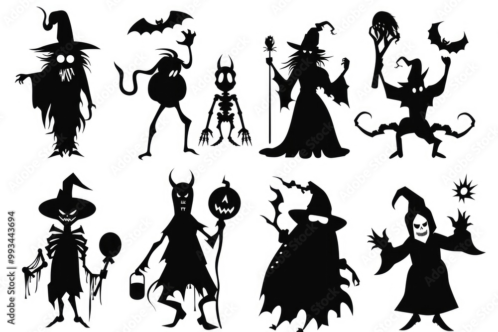 A collection of Halloween character silhouettes, perfect for use in spooky decorations or as a design element A collection of Halloween character silhouettes, perfect for use in spooky decorations or as a design element