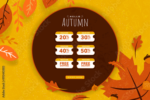 Cute Autumn Concept Coupon giveaway banner template with shop now button. Hand drawn doodle fall elements. 20% to 50% price discount, free delivery, free shipping. Fall Online Voucher design. Vector