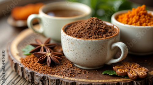 The image shows three bowls of spices on a wooden surface. The bowls contain cinnamon, paprika, and turmeric.