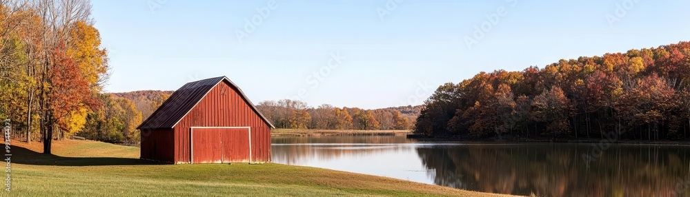 Peaceful autumn landscape with a red barn by a reflective lake and colorful foliage on a clear day Serene nature scene Peaceful autumn landscape with a red barn by a reflective lake and colorful foliage on a clear day Serene nature scene