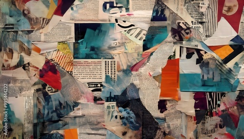Layered newspaper clippings with rough, overlapping textures
