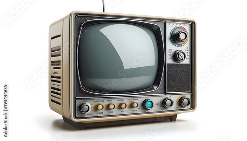 An old vintage retro tv television set with blank screen and isolated on a white background.