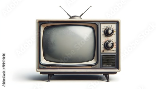 An old vintage retro tv television set with blank screen and isolated on a white background.