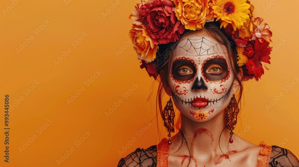 A woman with vibrant makeup and flowers in her hair, perfect for festivals or celebrations A woman with vibrant makeup and flowers in her hair, perfect for festivals or celebrations