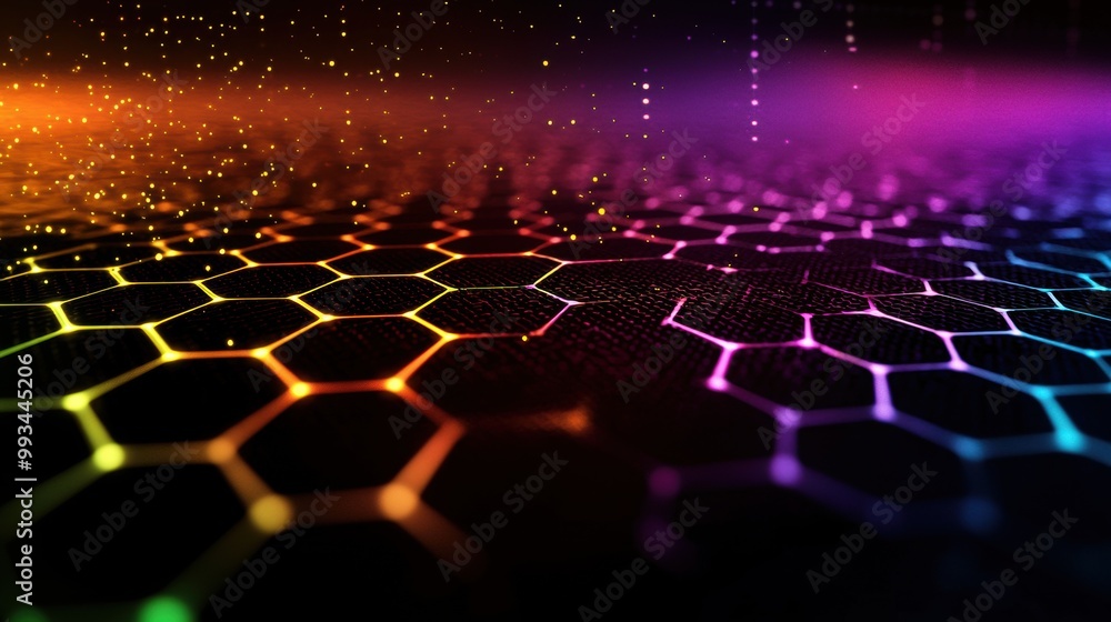 Naklejka premium Glowing Hexagonal Neon Abstraction with Vibrant Gradient Lights and Dynamic Digital Motion