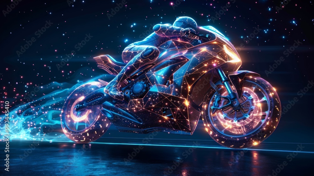 High speed concept. Sport motorbike in the form of a starry sky or space, consisting of points, lines, and shapes in the form of planets, stars and the universe. Sport vector wireframe concept High speed concept. Sport motorbike in the form of a starry sky or space, consisting of points, lines, and shapes in the form of planets, stars and the universe. Sport vector wireframe concept