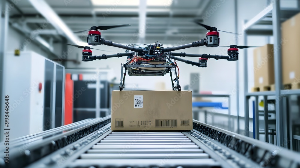 An automated drone loading system where robots handle the packaging and placement of cargo onto aerial vehicles, demonstrating the integration of automation in logistics. An automated drone loading system where robots handle the packaging and placement of cargo onto aerial vehicles, demonstrating the integration of automation in logistics.