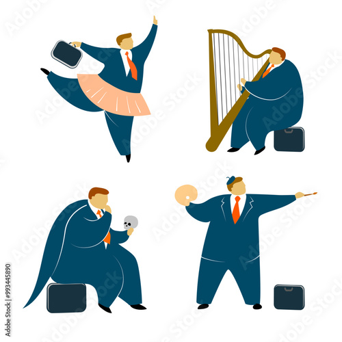 Businessman and kinds of arts funny and charming character illustrations of dancing as ballerine businessman, playing harp businessman, painter and actor businessman