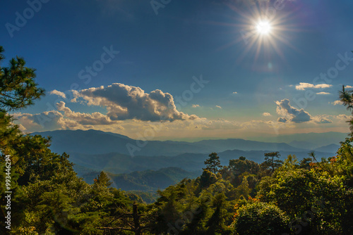 Beautiful scenery in the morning at the Camp Car Camping site with the green nature of Huai Nam Dang National Park the famous place of travel attraction destination at Chiang Mai, Thailand. photo