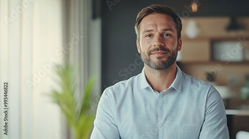 A smiling man in a light checkered shirt sits in a bright, modern room with plants and minimalist decor.