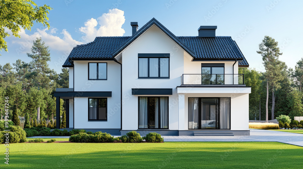 A white two-story family house with a black roof featuring a gable end and a terrace on the left side. A white two-story family house with a black roof featuring a gable end and a terrace on the left side.