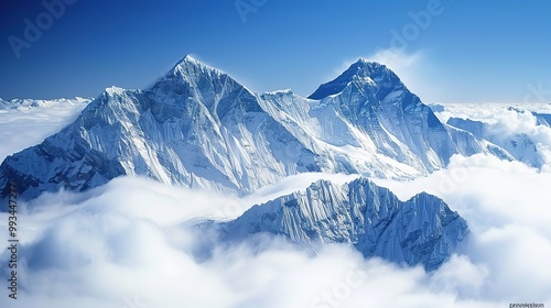 Majestic Snow Mountain with Billowing Clouds: A Breathtaking Natural Spectacle. Witness the Grandeur and Serenity.