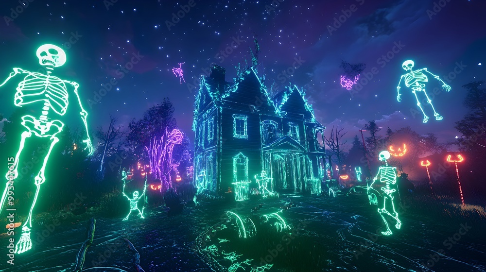 Obraz premium A neon-lit haunted house with green and blue glowing lights, surrounded by glowing skeletons and floating neon ghosts, set against a night sky to enhance the spooky Halloween vibe. 