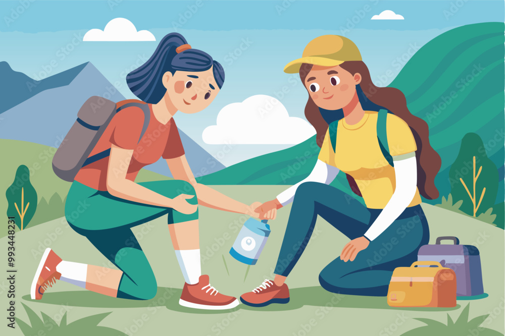 Two women in wilderness: 1 helps other with shoe. Both crouched on grass, wearing backpacks. Suitcases on right, water bottle between them. Two women in wilderness: 1 helps other with shoe. Both crouched on grass, wearing backpacks. Suitcases on right, water bottle between them.
