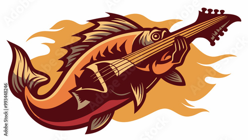 Vibrant image of bass fish playing guitar with flames, dynamic energy. Orange, black, gray colors. Fish appears lively, music-inspired.