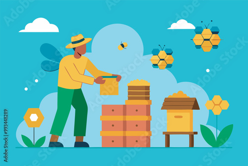 A cartoon of a beekeeper tending to beehives on a sunny day. Beekeeper in straw hat and long-sleeved shirt surrounded by flying bees, with flowers in the background.
