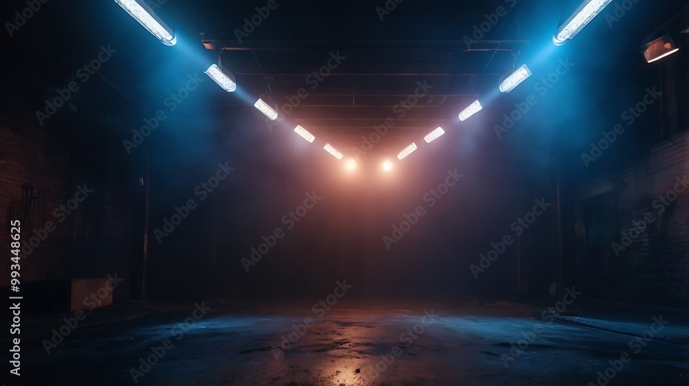 Rays and Spotlights Illuminating an Empty Dark Scene with Blue Light Background Rays and Spotlights Illuminating an Empty Dark Scene with Blue Light Background