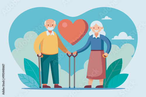 Elderly couple in love, depicted in a heart between them. Man in glasses, woman in colorful attire, both smiling. Background of blue sky, greenery.