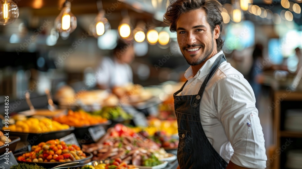 Hotel breakfast service point,Waiter posing in front of buffet in restaurant Hotel breakfast service point,Waiter posing in front of buffet in restaurant