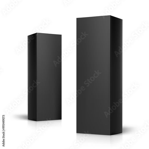 Realistic black closed paperboard box mockup. Vector illustration isolated on white background. Taking your 2D designs into 3D. Can be use for medicine, food, cosmetic and other. EPS10.