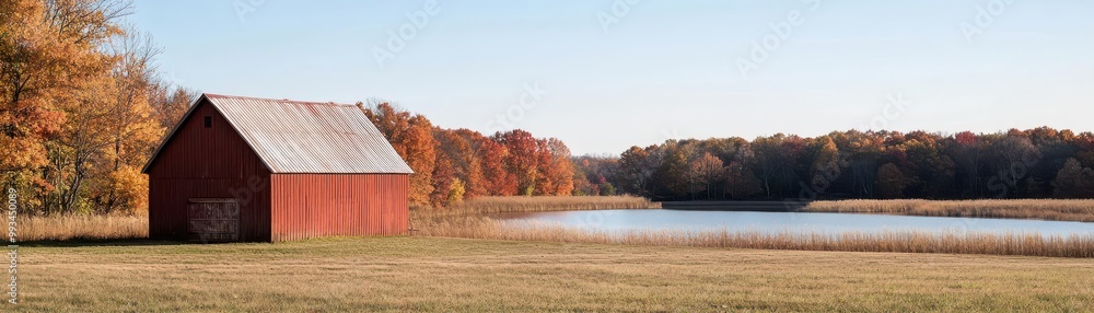 A serene autumn landscape featuring a red barn by a calm lake surrounded by colorful trees under a clear blue sky. A serene autumn landscape featuring a red barn by a calm lake surrounded by colorful trees under a clear blue sky.