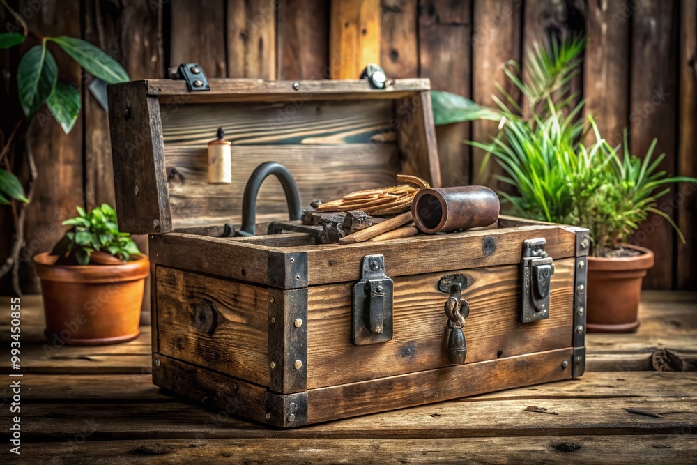 Fototapeta premium Rustic Old Wooden Tool Box with Vintage Charm and Classic Design Perfect for Storage and Decor