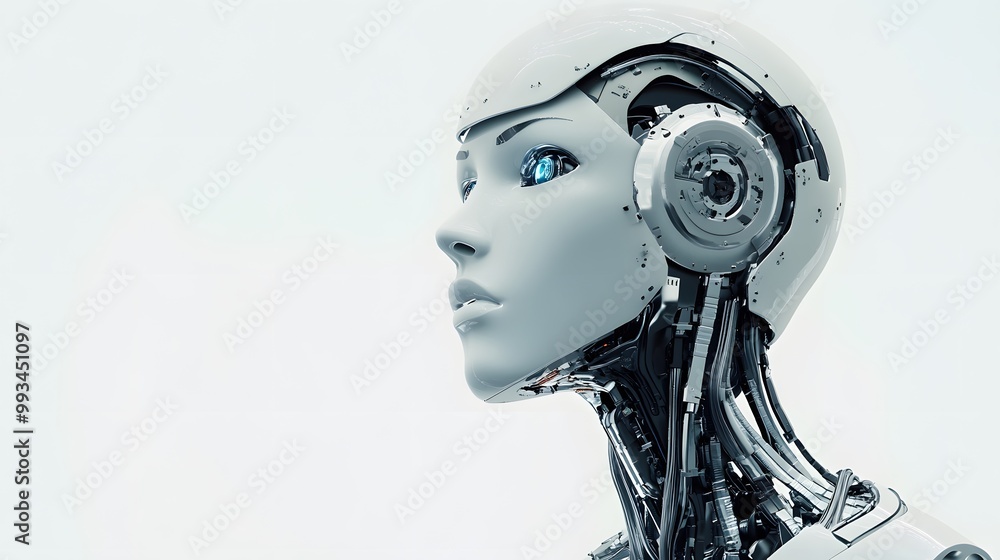 White Female Android Robot Head with Visible Internal Mechanisms White Female Android Robot Head with Visible Internal Mechanisms
