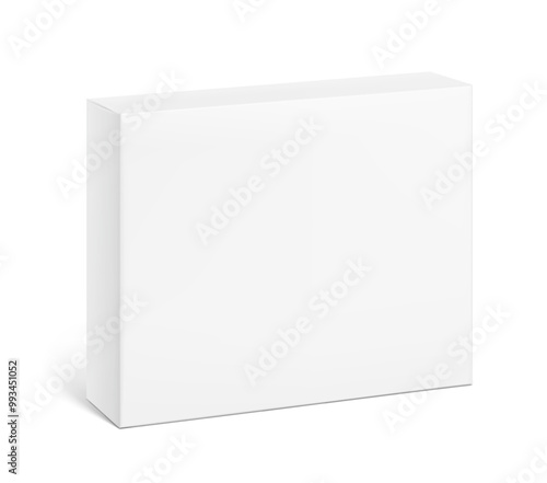 Realistic white closed paperboard box mockup. Vector illustration isolated on white background. Taking your 2D designs into 3D. Can be use for medicine, food, cosmetic and other. EPS10.