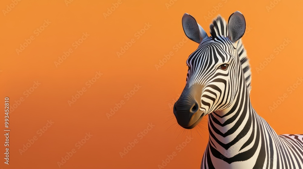 Fototapeta premium Cute zebra on an orange background. International Zebra Day. Horizontal banner. Copy space. Wildlife conservation concept. Environmental protection, animal protection. Wildlife Day