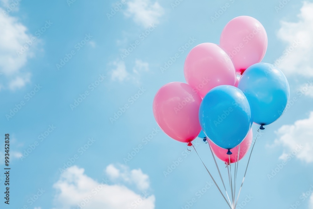 Image of gender reveal balloons in pink and blue, floating against a blank sky background with space for text, perfect for commercial use. The vibrant and cheerful mood is emphasized. Image of gender reveal balloons in pink and blue, floating against a blank sky background with space for text, perfect for commercial use. The vibrant and cheerful mood is emphasized.