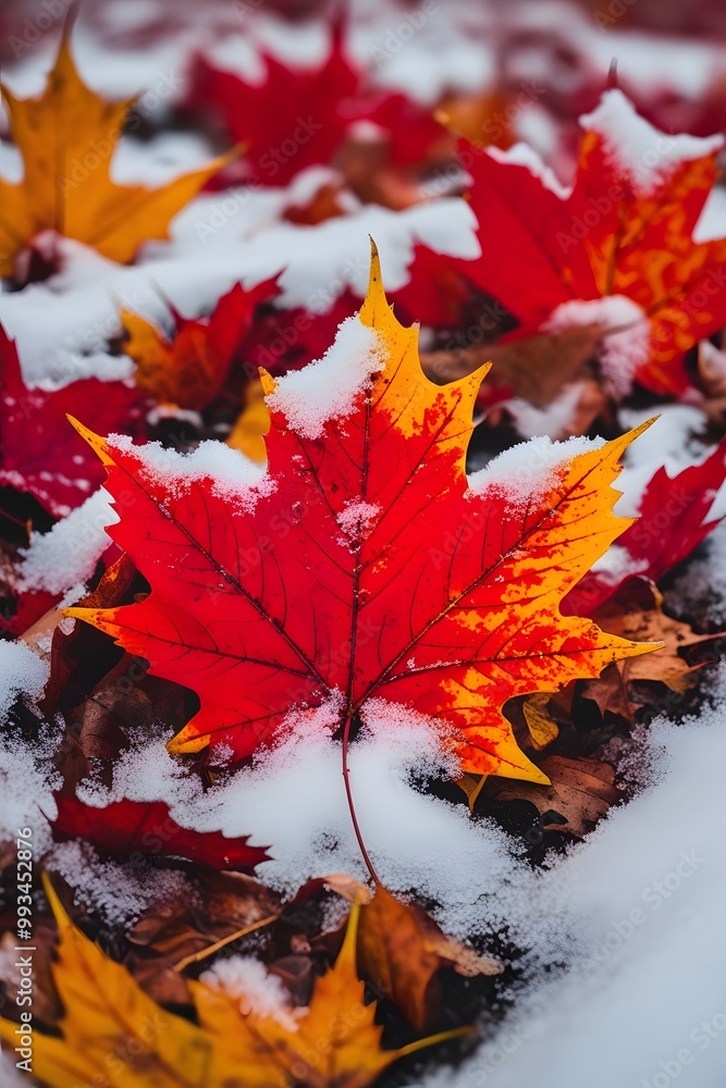 Autumn leaves in the snow, nature photography of seasonal beauty Autumn leaves in the snow, nature photography of seasonal beauty