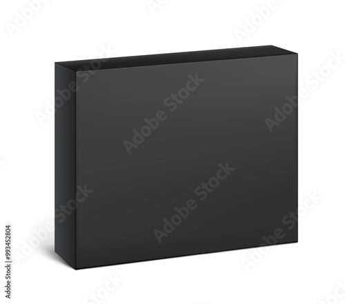 Realistic black closed paperboard box mockup. Vector illustration isolated on white background. Taking your 2D designs into 3D. Can be use for medicine, food, cosmetic and other. EPS10.