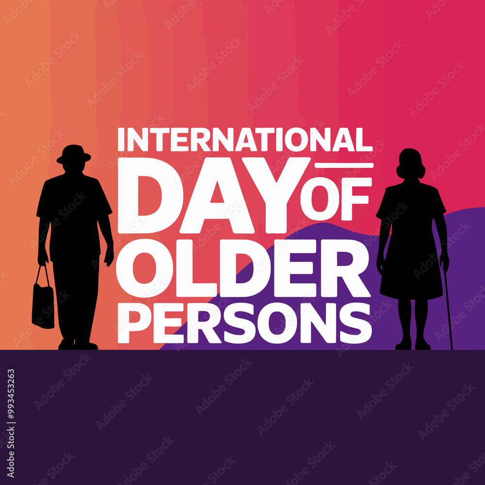 International Day of Older Persons Celebration Banner with Elderly Silhouettes Against a Colorful Gradient Background International Day of Older Persons Celebration Banner with Elderly Silhouettes Against a Colorful Gradient Background