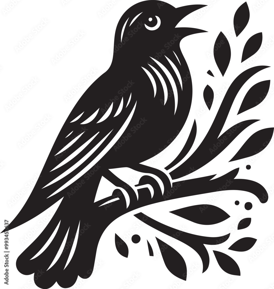 Fototapeta premium Black bird silhouette vector illustration, solid white background