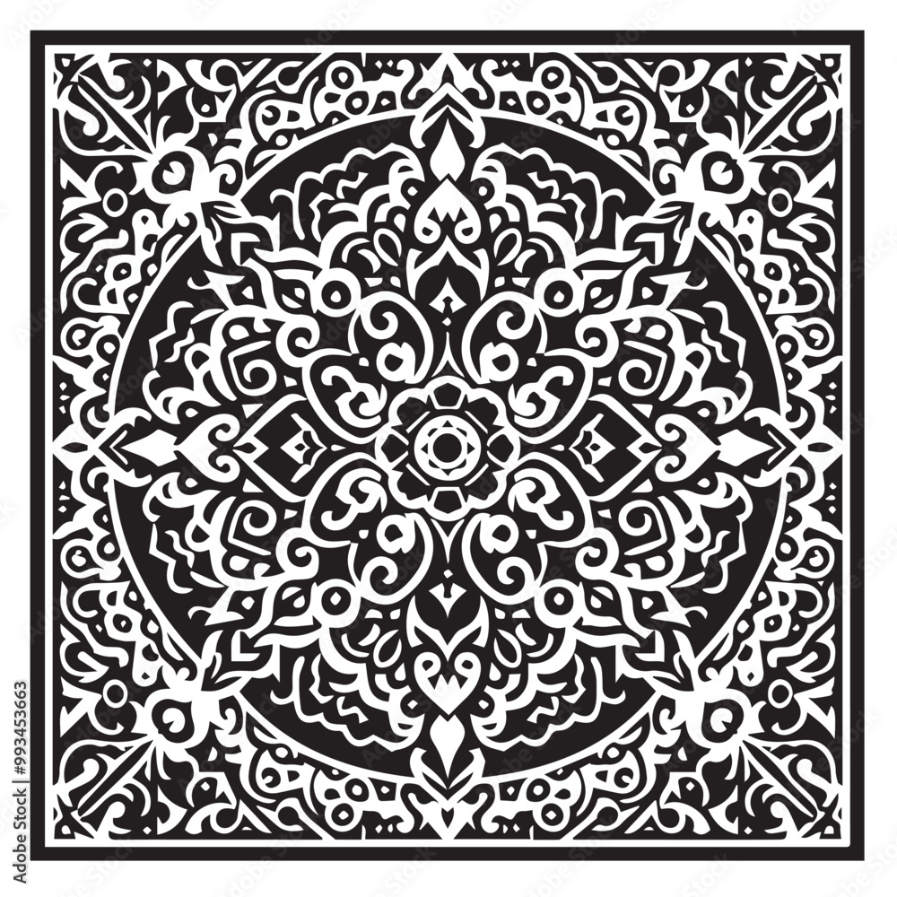 Intricate Moroccan-Inspired Black and White Square Tile Pattern Design: Elegant Geometric Motifs Intricate Moroccan-Inspired Black and White Square Tile Pattern Design: Elegant Geometric Motifs