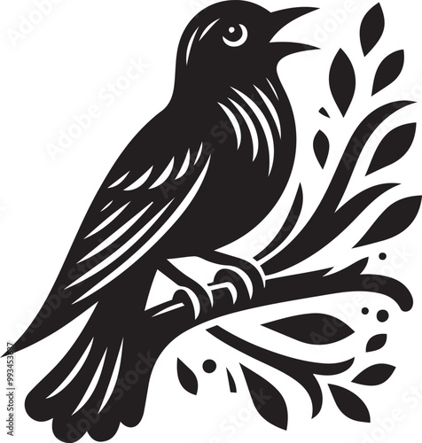 Black bird silhouette vector illustration, solid white background