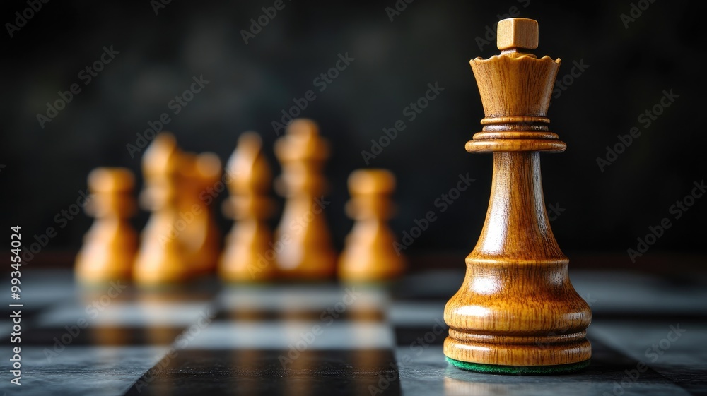 Chess pieces on board, focused queen Chess pieces on board, focused queen