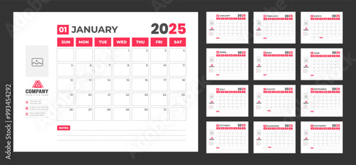 corporate Monthly pages Planner Calendar  Templates 2025 set. wall or desk simple 2025 Planner Calendar bundle with week start on Sunday. Set of 12 Months 2025 Wall quarterly calendar design.