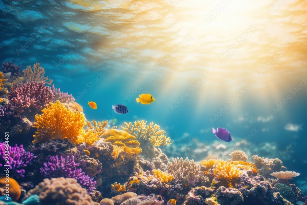 Naklejka premium Colorful Coral Reef Ecosystem with Fish and Sunlight Streaming Through Clear Ocean Waters
