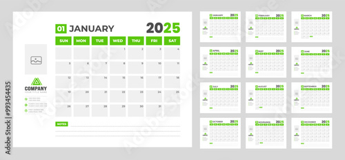 corporate Monthly pages Planner Calendar  Templates 2025 set. wall or desk simple 2025 Planner Calendar bundle with week start on Sunday. Set of 12 Months 2025 Wall quarterly calendar design.