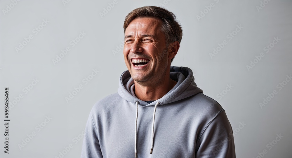 Obraz premium Laughing middleaged Caucasian man with short hair wearing hoodie on plain white background