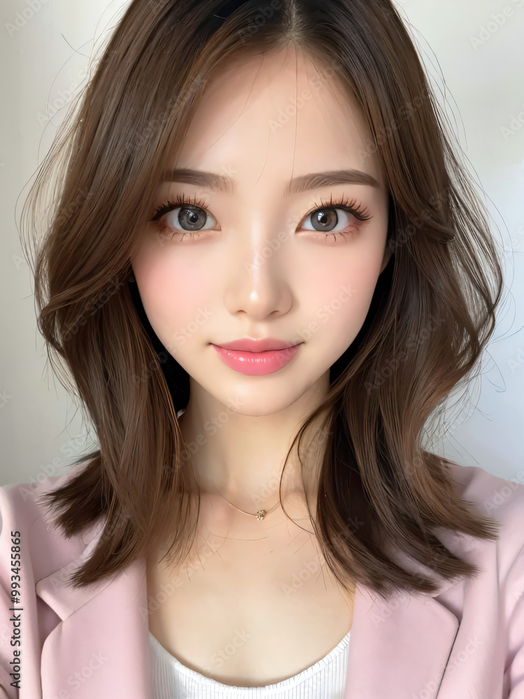 柔らかなピンクのジャケットとナチュラルなメイクが織りなすフェミニンで洗練されたスタイル – 魅力的な微笑が印象的な女性のポートレート 柔らかなピンクのジャケットとナチュラルなメイクが織りなすフェミニンで洗練されたスタイル – 魅力的な微笑が印象的な女性のポートレート